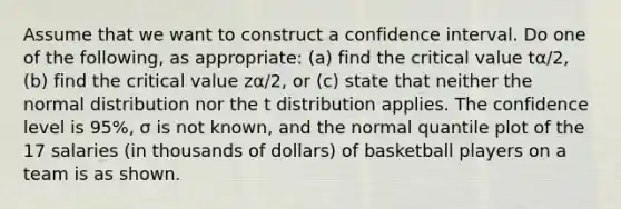 Assume that we want to construct a confidence interval. Do one of the​ following, as​ appropriate: (a) find the critical value tα/2​, ​(b) find the critical value zα/2​, or​ (c) state that neither the normal distribution nor the t distribution applies. The confidence level is 95​%, σ is not​ known, and the normal quantile plot of the 17 salaries​ (in thousands of​ dollars) of basketball players on a team is as shown.