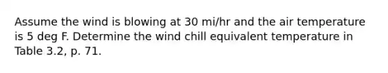 Assume the wind is blowing at 30 mi/hr and the air temperature is 5 deg F. Determine the wind chill equivalent temperature in Table 3.2, p. 71.