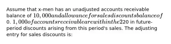 Assume that x-men has an unadjusted accounts receivable balance of 10,000 and allowance for <a href='https://www.questionai.com/knowledge/kUgZVsLhgj-sales-discounts' class='anchor-knowledge'>sales discounts</a> balance of0. 1,000 of accounts receivable are within the 2% discount period and x-men expects that buyers will take20 in future-period discounts arising from this period's sales. The adjusting entry for sales discounts is: