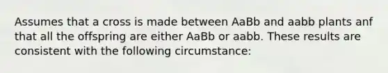 Assumes that a cross is made between AaBb and aabb plants anf that all the offspring are either AaBb or aabb. These results are consistent with the following circumstance: