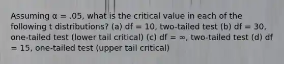 Assuming α = .05, what is the critical value in each of the following t distributions? (a) df = 10, two-tailed test (b) df = 30, one-tailed test (lower tail critical) (c) df = ∞, two-tailed test (d) df = 15, one-tailed test (upper tail critical)