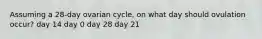 Assuming a 28-day ovarian cycle, on what day should ovulation occur? day 14 day 0 day 28 day 21