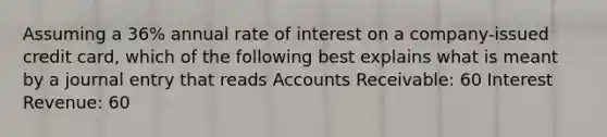 Assuming a 36% annual rate of interest on a company-issued credit card, which of the following best explains what is meant by a journal entry that reads Accounts Receivable: 60 Interest Revenue: 60