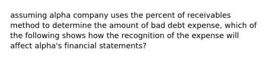 assuming alpha company uses the percent of receivables method to determine the amount of bad debt expense, which of the following shows how the recognition of the expense will affect alpha's financial statements?