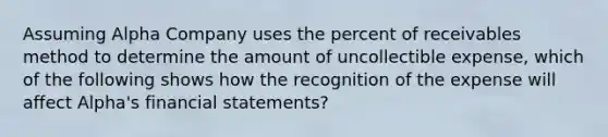 Assuming Alpha Company uses the percent of receivables method to determine the amount of uncollectible expense, which of the following shows how the recognition of the expense will affect Alpha's financial statements?