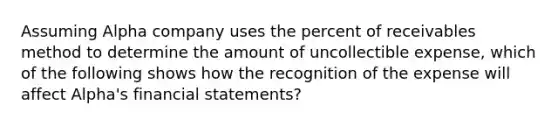 Assuming Alpha company uses the percent of receivables method to determine the amount of uncollectible expense, which of the following shows how the recognition of the expense will affect Alpha's financial statements?