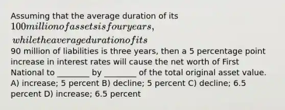 Assuming that the average duration of its 100 million of assets is four years, while the average duration of its90 million of liabilities is three years, then a 5 percentage point increase in interest rates will cause the net worth of First National to ________ by ________ of the total original asset value. A) increase; 5 percent B) decline; 5 percent C) decline; 6.5 percent D) increase; 6.5 percent