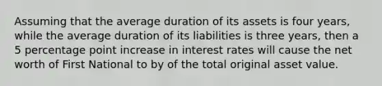 Assuming that the average duration of its assets is four years, while the average duration of its liabilities is three years, then a 5 percentage point increase in interest rates will cause the net worth of First National to by of the total original asset value.