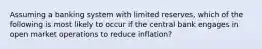 Assuming a banking system with limited reserves, which of the following is most likely to occur if the central bank engages in open market operations to reduce inflation?