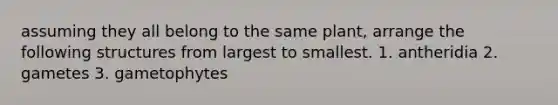 assuming they all belong to the same plant, arrange the following structures from largest to smallest. 1. antheridia 2. gametes 3. gametophytes