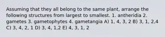 Assuming that they all belong to the same plant, arrange the following structures from largest to smallest. 1. antheridia 2. gametes 3. gametophytes 4. gametangia A) 1, 4, 3, 2 B) 3, 1, 2,4 C) 3, 4, 2, 1 D) 3, 4, 1,2 E) 4, 3, 1, 2