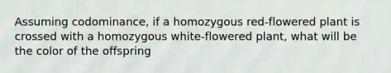 Assuming codominance, if a homozygous red-flowered plant is crossed with a homozygous white-flowered plant, what will be the color of the offspring