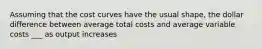 Assuming that the cost curves have the usual shape, the dollar difference between average total costs and average variable costs ___ as output increases