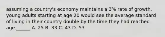 assuming a country's economy maintains a 3% rate of growth, young adults starting at age 20 would see the average standard of living in their country double by the time they had reached age ______ A. 25 B. 33 C. 43 D. 53