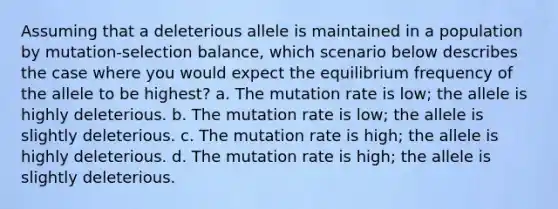 Assuming that a deleterious allele is maintained in a population by mutation-selection balance, which scenario below describes the case where you would expect the equilibrium frequency of the allele to be highest? a. The mutation rate is low; the allele is highly deleterious. b. The mutation rate is low; the allele is slightly deleterious. c. The mutation rate is high; the allele is highly deleterious. d. The mutation rate is high; the allele is slightly deleterious.