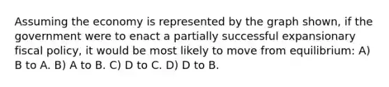 Assuming the economy is represented by the graph shown, if the government were to enact a partially successful expansionary <a href='https://www.questionai.com/knowledge/kPTgdbKdvz-fiscal-policy' class='anchor-knowledge'>fiscal policy</a>, it would be most likely to move from equilibrium: A) B to A. B) A to B. C) D to C. D) D to B.