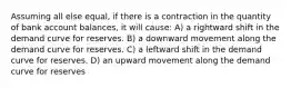 Assuming all else equal, if there is a contraction in the quantity of bank account balances, it will cause: A) a rightward shift in the demand curve for reserves. B) a downward movement along the demand curve for reserves. C) a leftward shift in the demand curve for reserves. D) an upward movement along the demand curve for reserves