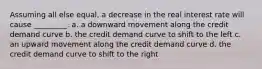 Assuming all else equal, a decrease in the real interest rate will cause _________. a. a downward movement along the credit demand curve b. the credit demand curve to shift to the left c. an upward movement along the credit demand curve d. the credit demand curve to shift to the right