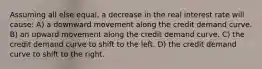 Assuming all else equal, a decrease in the real interest rate will cause: A) a downward movement along the credit demand curve. B) an upward movement along the credit demand curve. C) the credit demand curve to shift to the left. D) the credit demand curve to shift to the right.