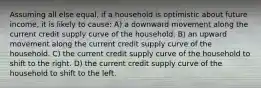 Assuming all else equal, if a household is optimistic about future income, it is likely to cause: A) a downward movement along the current credit supply curve of the household. B) an upward movement along the current credit supply curve of the household. C) the current credit supply curve of the household to shift to the right. D) the current credit supply curve of the household to shift to the left.