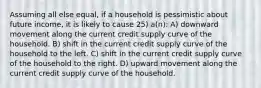 Assuming all else equal, if a household is pessimistic about future income, it is likely to cause 25) a(n): A) downward movement along the current credit supply curve of the household. B) shift in the current credit supply curve of the household to the left. C) shift in the current credit supply curve of the household to the right. D) upward movement along the current credit supply curve of the household.