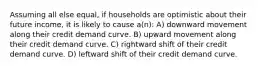 Assuming all else equal, if households are optimistic about their future income, it is likely to cause a(n): A) downward movement along their credit demand curve. B) upward movement along their credit demand curve. C) rightward shift of their credit demand curve. D) leftward shift of their credit demand curve.