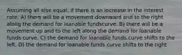 Assuming all else equal, if there is an increase in the interest rate: A) there will be a movement downward and to the right along the demand for loanable fundscurve. B) there will be a movement up and to the left along the demand for loanable funds curve. C) the demand for loanable funds curve shifts to the left. D) the demand for loanable funds curve shifts to the right