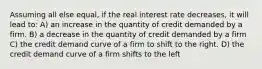 Assuming all else equal, if the real interest rate decreases, it will lead to: A) an increase in the quantity of credit demanded by a firm. B) a decrease in the quantity of credit demanded by a firm C) the credit demand curve of a firm to shift to the right. D) the credit demand curve of a firm shifts to the left