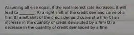 Assuming all else equal, if the real interest rate increases, it will lead to ________. A) a right shift of the credit demand curve of a ﬁrm B) a left shift of the credit demand curve of a ﬁrm C) an increase in the quantity of credit demanded by a ﬁrm D) a decrease in the quantity of credit demanded by a ﬁrm