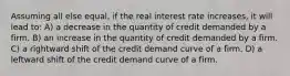 Assuming all else equal, if the real interest rate increases, it will lead to: A) a decrease in the quantity of credit demanded by a firm. B) an increase in the quantity of credit demanded by a firm. C) a rightward shift of the credit demand curve of a firm. D) a leftward shift of the credit demand curve of a firm.