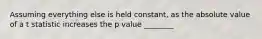 Assuming everything else is held constant, as the absolute value of a t statistic increases the p value ________