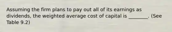 Assuming the firm plans to pay out all of its earnings as dividends, the weighted average cost of capital is ________. (See Table 9.2)