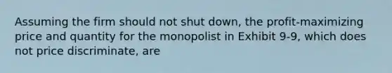 Assuming the firm should not shut down, the profit-maximizing price and quantity for the monopolist in Exhibit 9-9, which does not price discriminate, are