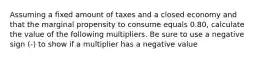 Assuming a fixed amount of taxes and a closed economy and that the marginal propensity to consume equals 0.80​, calculate the value of the following multipliers. Be sure to use a negative sign​ (-) to show if a multiplier has a negative value