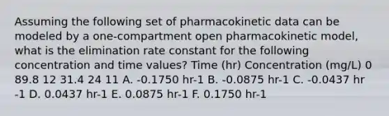 Assuming the following set of pharmacokinetic data can be modeled by a one-compartment open pharmacokinetic model, what is the elimination rate constant for the following concentration and time values? Time (hr) Concentration (mg/L) 0 89.8 12 31.4 24 11 A. -0.1750 hr-1 B. -0.0875 hr-1 C. -0.0437 hr -1 D. 0.0437 hr-1 E. 0.0875 hr-1 F. 0.1750 hr-1