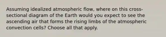 Assuming idealized atmospheric flow, where on this cross-sectional diagram of the Earth would you expect to see the ascending air that forms the rising limbs of the atmospheric convection cells? Choose all that apply.