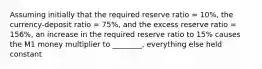 Assuming initially that the required reserve ratio = 10%, the currency-deposit ratio = 75%, and the excess reserve ratio = 156%, an increase in the required reserve ratio to 15% causes the M1 money multiplier to ________, everything else held constant