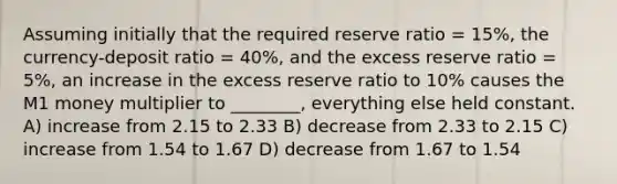 Assuming initially that the required reserve ratio = 15%, the currency-deposit ratio = 40%, and the excess reserve ratio = 5%, an increase in the excess reserve ratio to 10% causes the M1 money multiplier to ________, everything else held constant. A) increase from 2.15 to 2.33 B) decrease from 2.33 to 2.15 C) increase from 1.54 to 1.67 D) decrease from 1.67 to 1.54