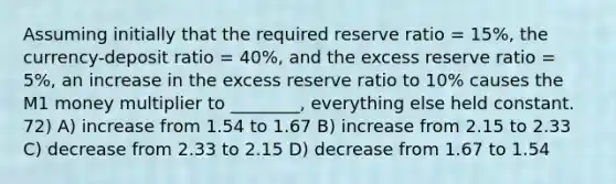 Assuming initially that the required reserve ratio = 15%, the currency-deposit ratio = 40%, and the excess reserve ratio = 5%, an increase in the excess reserve ratio to 10% causes the M1 money multiplier to ________, everything else held constant. 72) A) increase from 1.54 to 1.67 B) increase from 2.15 to 2.33 C) decrease from 2.33 to 2.15 D) decrease from 1.67 to 1.54