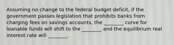 Assuming no change to the federal budget deficit, if the government passes legislation that prohibits banks from charging fees on savings accounts, the ________ curve for loanable funds will shift to the ________ and the equilibrium real interest rate will ________.