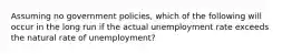 Assuming no government policies, which of the following will occur in the long run if the actual unemployment rate exceeds the natural rate of unemployment?