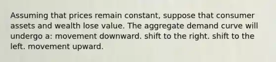 Assuming that prices remain constant, suppose that consumer assets and wealth lose value. The aggregate demand curve will undergo a: movement downward. shift to the right. shift to the left. movement upward.