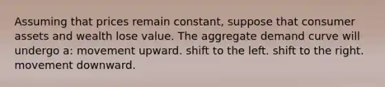 Assuming that prices remain constant, suppose that consumer assets and wealth lose value. The aggregate demand curve will undergo a: movement upward. shift to the left. shift to the right. movement downward.