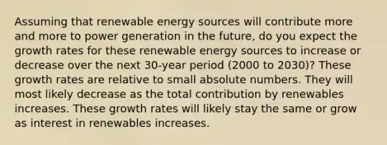 Assuming that renewable energy sources will contribute more and more to power generation in the future, do you expect the growth rates for these renewable energy sources to increase or decrease over the next 30-year period (2000 to 2030)? These growth rates are relative to small absolute numbers. They will most likely decrease as the total contribution by renewables increases. These growth rates will likely stay the same or grow as interest in renewables increases.