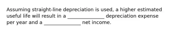 Assuming straight-line depreciation is used, a higher estimated useful life will result in a _______________ depreciation expense per year and a _______________ net income.