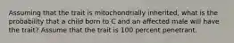 Assuming that the trait is mitochondrially inherited, what is the probability that a child born to C and an affected male will have the trait? Assume that the trait is 100 percent penetrant.