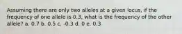 Assuming there are only two alleles at a given locus, if the frequency of one allele is 0.3, what is the frequency of the other allele? a. 0.7 b. 0.5 c. -0.3 d. 0 e. 0.3