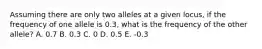 Assuming there are only two alleles at a given locus, if the frequency of one allele is 0.3, what is the frequency of the other allele? A. 0.7 B. 0.3 C. 0 D. 0.5 E. -0.3