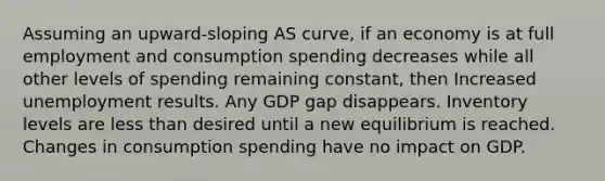 Assuming an upward-sloping AS curve, if an economy is at full employment and consumption spending decreases while all other levels of spending remaining constant, then Increased unemployment results. Any GDP gap disappears. Inventory levels are less than desired until a new equilibrium is reached. Changes in consumption spending have no impact on GDP.