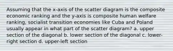 Assuming that the x-axis of the scatter diagram is the composite economic ranking and the y-axis is composite human welfare ranking, socialist transition economies like Cuba and Poland usually appear in what part of the scatter diagram? a. upper section of the diagonal b. lower section of the diagonal c. lower-right section d. upper-left section